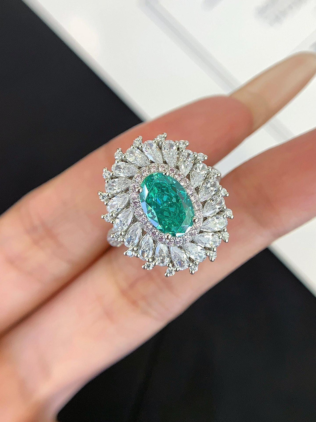 Pure Brilliance Oval Emerald Marquise Cluster Ring