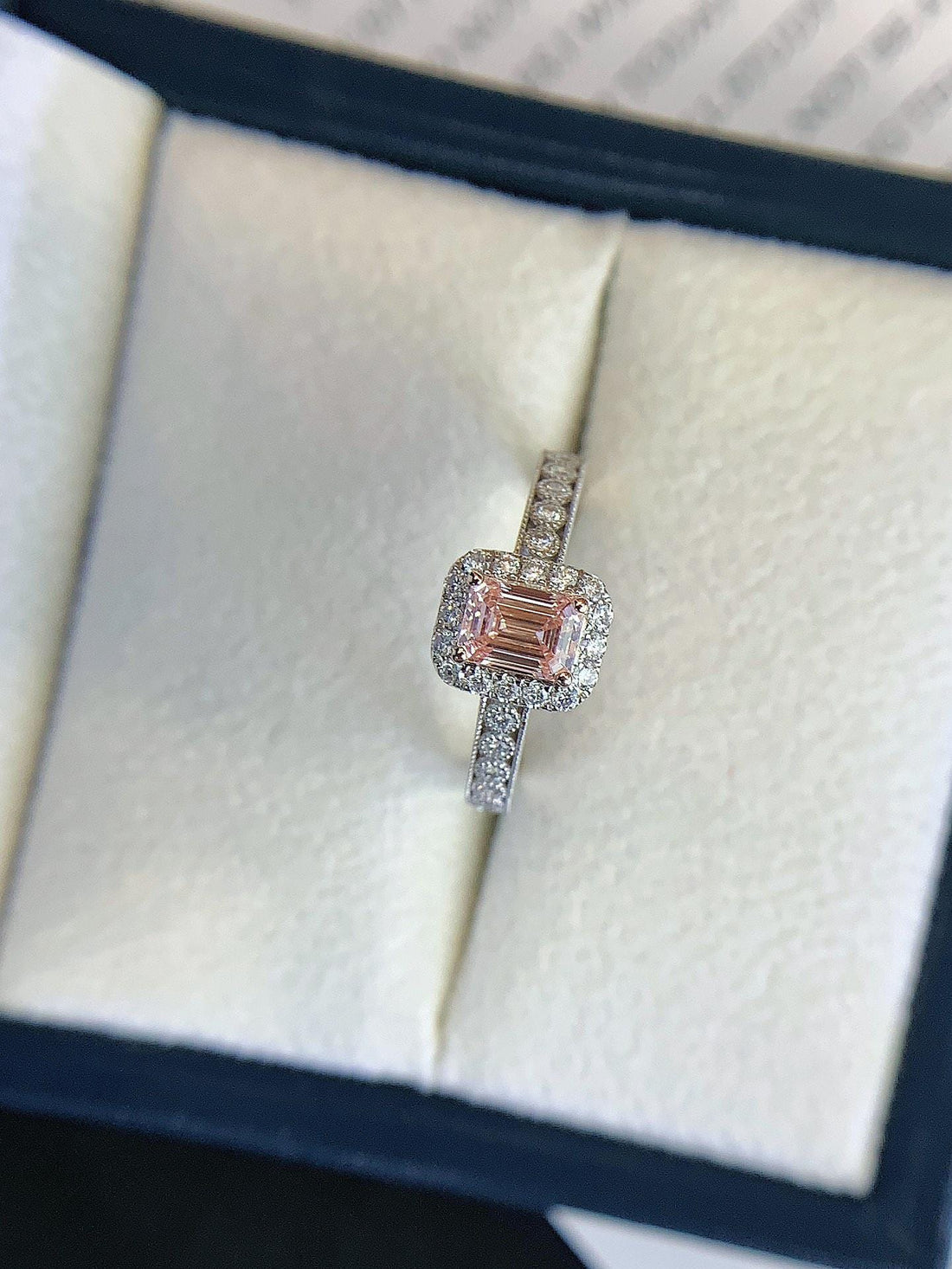 Forever Starts Here Emerald Cut Pink Diamond Halo Ring