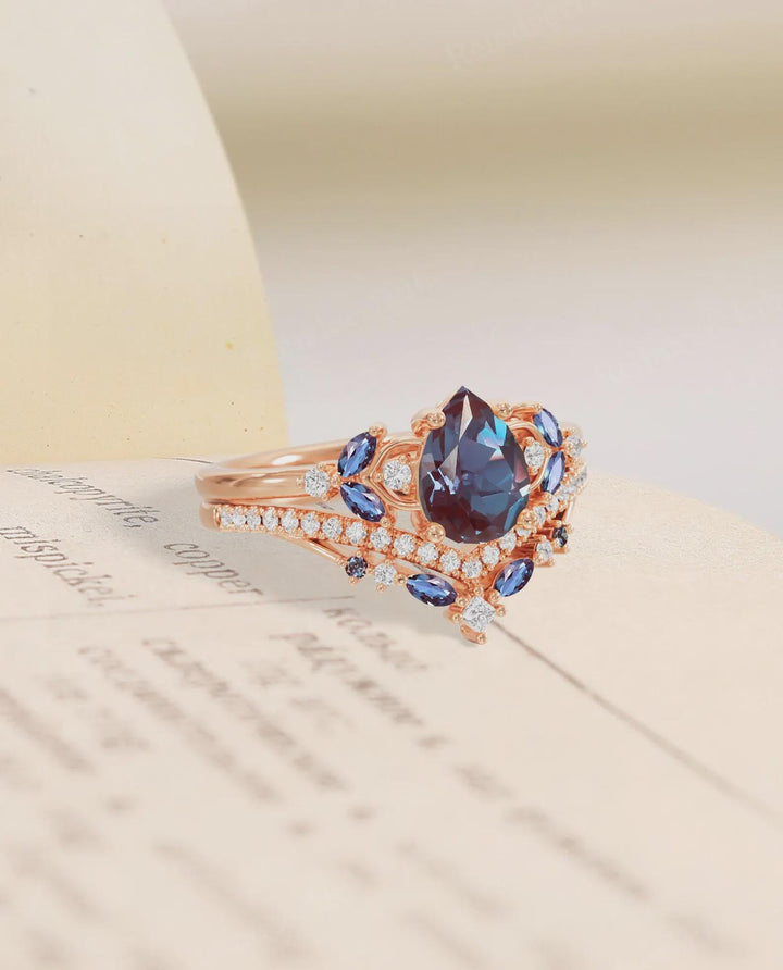 Soft Light, Lasting Brilliance Pear Alexandrite Bridal Set
