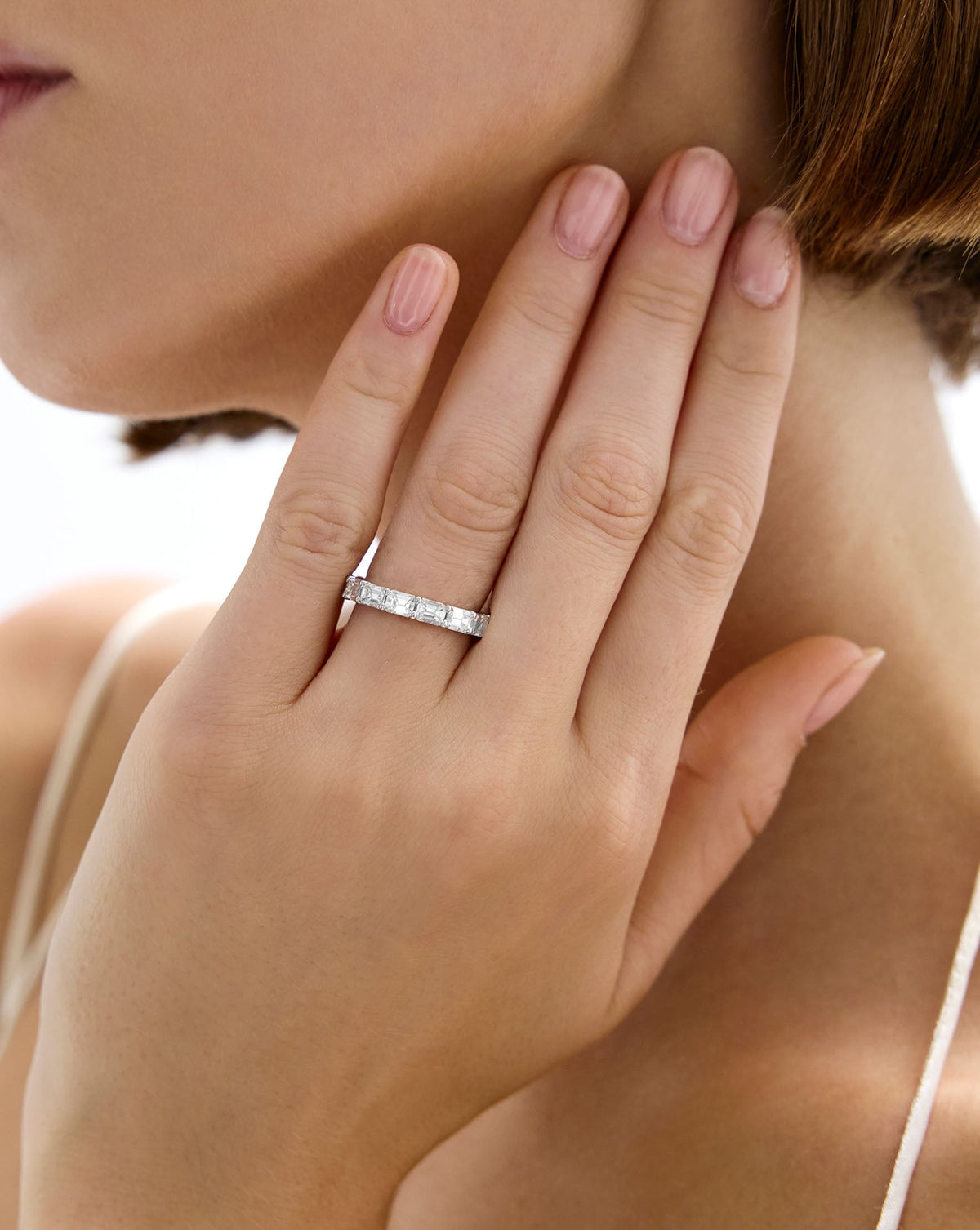 Lab Diamond Sideways Emerald Eternity Band