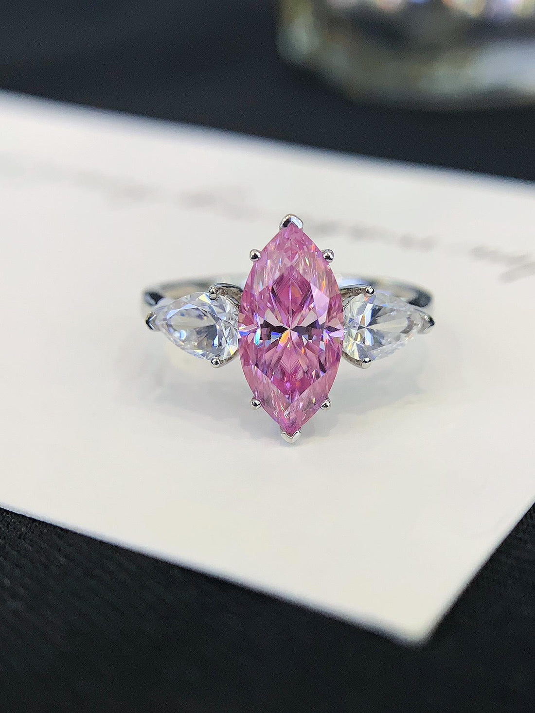 Impossible to Ignore Pink Marquise Three Stone Ring
