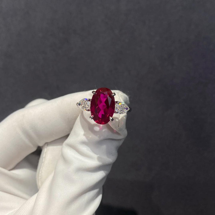 Designed for Double Takes Oval Ruby & Pear Diamond Three Stone Ring